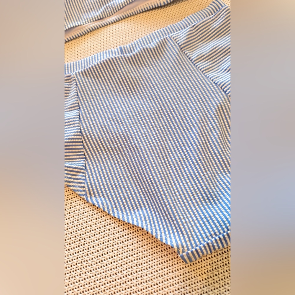 Seersucker Ruffle Bandeau Blue & White Striped Bikini Swimsuit - Picture 6 of 13